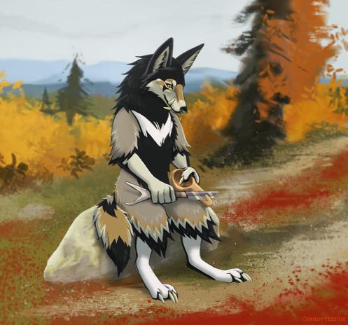 A brown coyote like looking furry is sitting on a stone and whittling on a wooden spoon. The background has autumn colours. Digitally coloured.