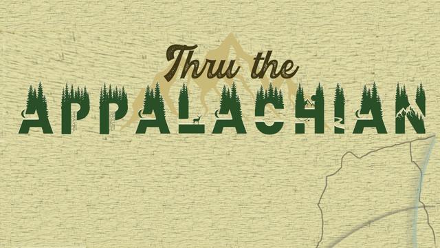 A stylized logo on textured map paper that says "Thru the Appalachian" with a stencil of a mountain in the background.
