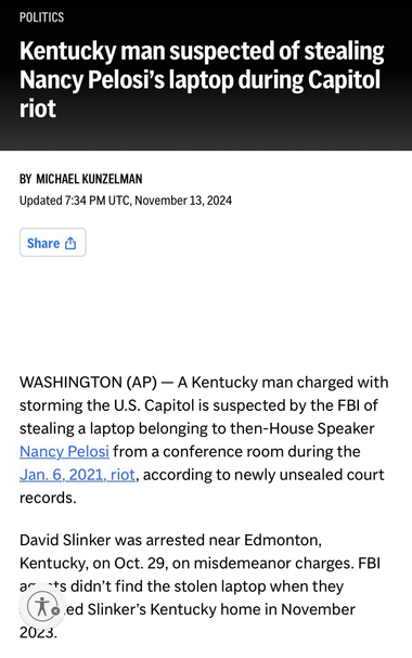 Screenshot of Associated Press article about January 6th riot suspect David Slinker (near Edmonton, Kentucky) (Metcalfe County) (November13th, 2024).