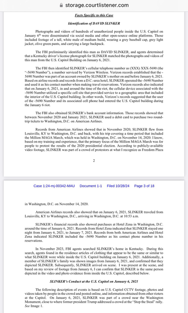 Screenshot of pages from court document pertaining to January 6th riot suspect David Slinker (near Edmonton, Kentucky) (Metcalfe County).