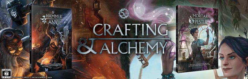A collage featuring fantasy scenes with armor, a forge, potions, and two supplement covers titled "Hammer & Anvil" and "Mortar & Pestle" with a tagline "Crafting Legends."