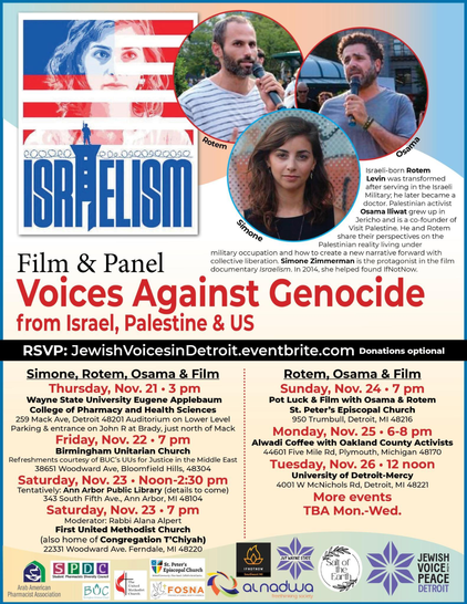 Publicity flier for film and panel - "Voices Against Genocide"

see this web page for text: 
Film & Panel: Voices Against Genocide from Israel, Palestine & US Tickets, Thu, Nov 21, 2024 at 2:00 PM | Eventbrite — https://www.eventbrite.com/e/film-panel-voices-against-genocide-from-israel-palestine-us-tickets-1081479978729?aff=oddtdtcreator