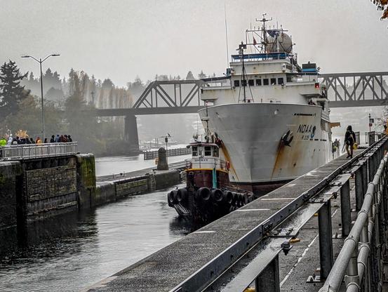 NOAA research ship enters the large locks at the Ballard Locks.