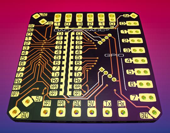 Back side of the board showing a weird footprint where you can choose which of the 12 data lines connect to the QWIIC connectors' I2C pins.