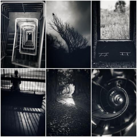 A composite of six dark black and white images where selective blurring has been applied to make the people or places indistinct. The six are, from top left to bottom right, a person peering up from the bottom of a multi-storey staircase, a large black bird sitting at the tip of a wind-blown and leafless tree, two tiny chairs, minus their seats, facing each other in front of a window in a derelict children's hospital, a person holding on to railings which have cast their shadow on the concrete ground, a tunnel-like opening in a wood which is dark but for the light at the end of the tunnel, and finally a person ascending a steep spiral staircase which has a bright light at the bottom.