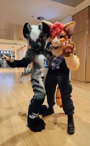 A Hyena fullsuiter posing next to a Cat partial Fursuiter, both having huge ears.