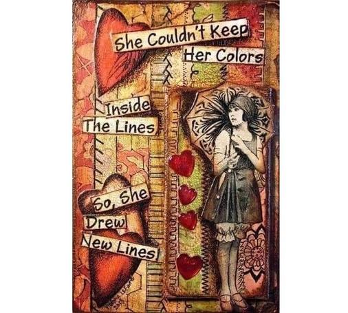 image of a woman with an umbrella inside a box with hearts. Outside of her box is a larger boundary with larger hearts.