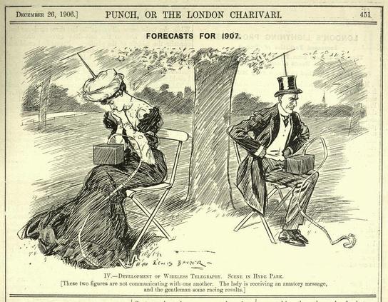 Deoryser 26, 1906.] PUNCH, OR THE LONDON CHARIVARL 451 i — — FORECASTS FOR (907. % T P s L R T e i F Py ] r Qi T S i | o\ s - 2 /ﬂ(/// e TS5 | — i ——— WO\ 1/, T By — =\ N\ == &) '\ =) A = — - A X v LY Rl . g SN R~ e N e ) —— - g s L ) ) N e 7 /w‘:,?z.;}’ =1 WA i ?‘_ R — — K7 | NN FE ////, 7. s O\ )N ————— G N 7 - S - RS A i Yo s A IV.—Deverormest oF WireLess TeLecrapny. Scexe v Hype Par. [These two figures are not communicating with one another. The lady is receiving an amatory message, | and the gentleman some racing results.]