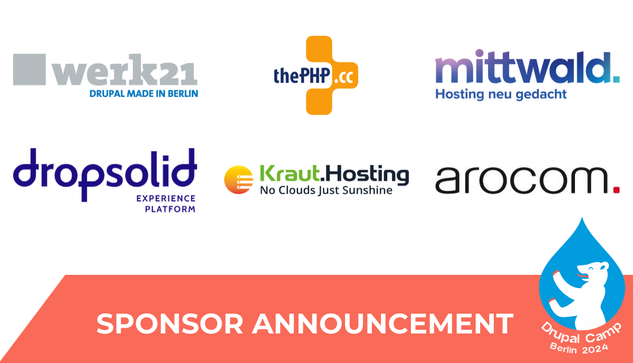 Drupal Camp Berlin 2024 sponsor announcement. The image displays logos of various sponsors, including werk21 (with the text 'DRUPAL MADE IN BERLIN'), thePHP.cc, mittwald (with the text 'Hosting neu gedacht'), dropsolid (labeled 'EXPERIENCE PLATFORM'), Kraut.Hosting (with the tagline 'No Clouds Just Sunshine'), and arocom. At the bottom, there’s a red banner with the text 'SPONSOR ANNOUNCEMENT' and the Drupal Camp Berlin 2024 logo, featuring a white bear inside a blue water droplet, in the lower right corner.