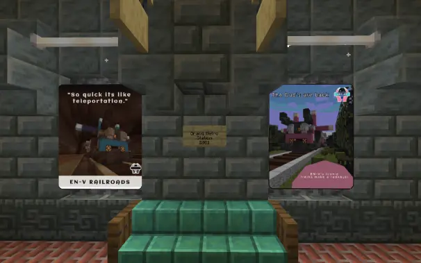 a tuff brick wall with chiseled tuff as a bottom two posters of a blue train and a pink train and a sign in the middle that says Grand Metro station 2003