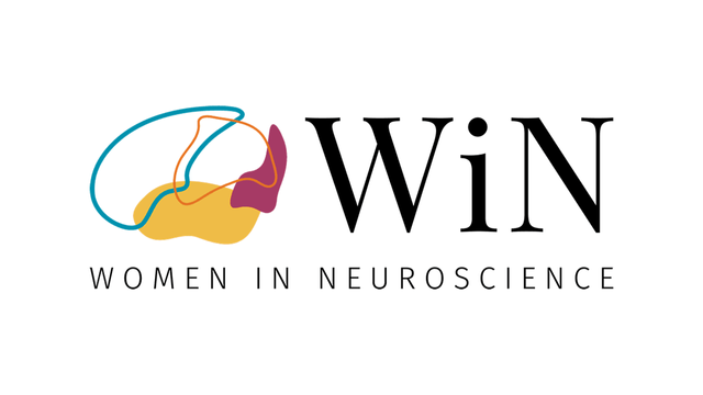 Women in Neuroscience logo, featuring the letters WIN next to an abstract brain constructed from four amorphous shapes.