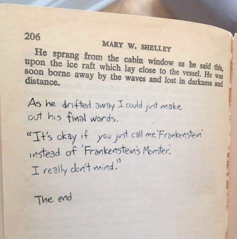 The last page of Frankenstein, but with an added paragraph where the monster says he just prefer preferred to be called Frankenstein.