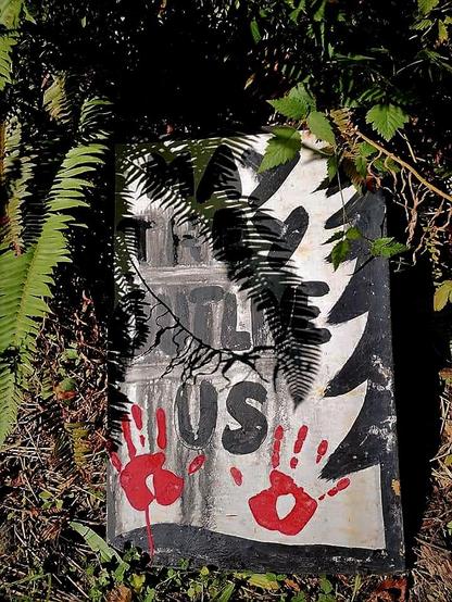 A painted sign saying: MAY THEY OUTLIVE US - With a tree & 2 red handprints on it.
Placed in old growth forest, amidst ferns & other forest plants.
