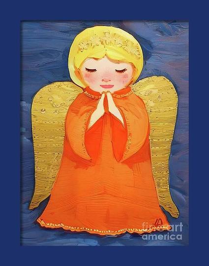 A charming depiction of a praying angel with golden wings and a halo. The angel wears an orange robe, standing against a textured blue background.
Little Angel is my acrylic work digitally processed.