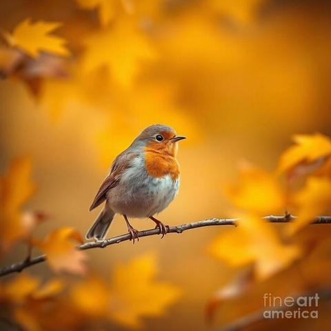 A small bird with a bright orange chest perches calmly on a thin branch, surrounded by a blur of golden autumn leaves. The background appears softly defocused, creating a warm, glowing effect around the central subject.