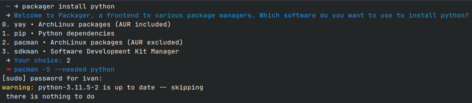 A screenshot of a CLI with the Packager tool, running the command "packager install python".