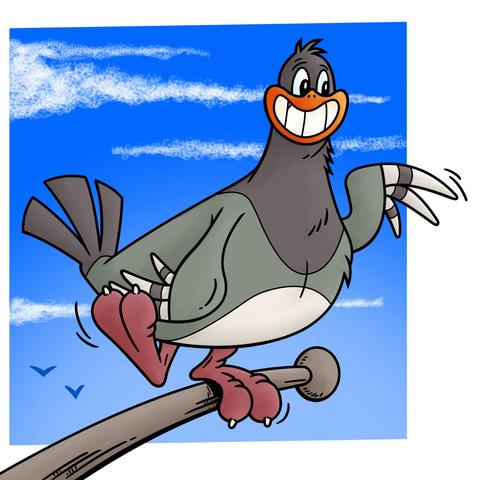 Cartoon pigeon Stalin on one foot on a flagpole and smiling.
