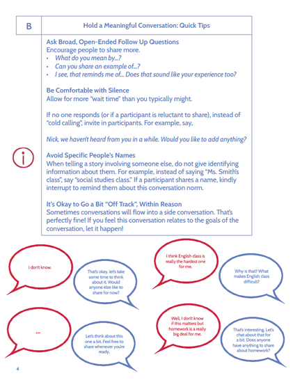 A page of our student empathy interview facilitation guide showing how to hold a meaningful conversation (full text available at link).