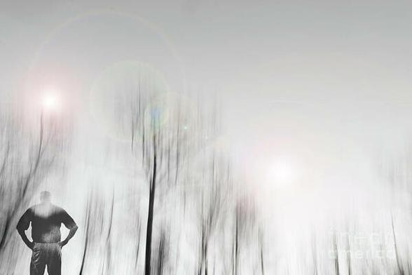 A B&W photo composite of two of my photographs showing a lone person contemplating a forest of abstract trees. The Secret of Silence