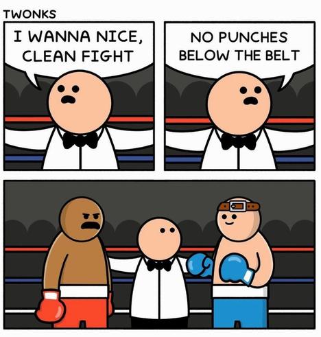 Cartoon. A simply drawn comic strip in three pictures (it's about a boxing match):  
Image 1: The head of a man, dressed in a white shirt and a black bow tie, he appears to be the referee. With the speech bubble: "I wanna nice clean fight."
Image 2: Same man, different speech bubble: "No punches below the belt".
Image 3: The same man, now with two boxers standing next to him. On the left is a black man in red shorts and both are looking at the white man in blue shorts. He has a belt on his head.
Info: Tonight the fight between Mike Tyson and Jake Paul takes place. A huge spectacle live on Netflix.