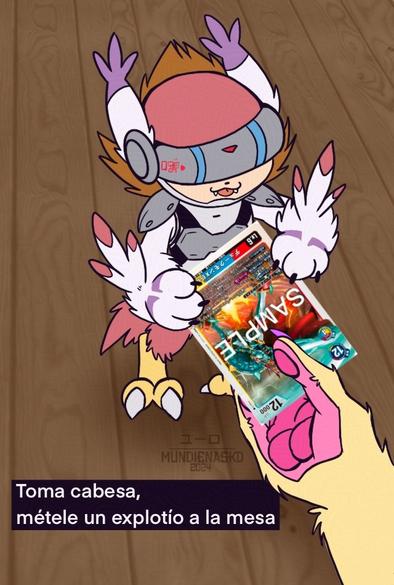 A small Silphymon receiving an EX8 Gallantmon/Dukemon X Antibody card with the text "Toma cabesa, métele un explotío a la mesa" which can be translate to ordering them to clear the battle area.
