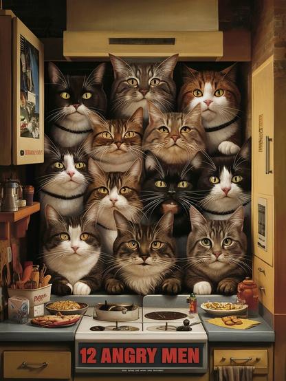 ①« Generated by ideogramai »
Movie poster-style art (inspired by 12 Angry Men) shoes 12 cats in a tiny kitchen, waiting for their owner to feed them. Some of the cats are annoying. (12 Angry Mew), cinematic, photo