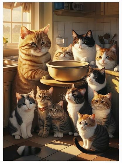 ②« Generated by ideogramai »
(poster of ’12 Angry Mew’), A dozen felines jostle for space in the cramped, modest kitchen. The dominant orange tabby glares at an oversized bowl, his demeanor sour. A youthful tuxedo cat flicks its tail with a playful air. The gloomy kitchen is beginning to be illuminated by the nascent dawn seeping through the window.