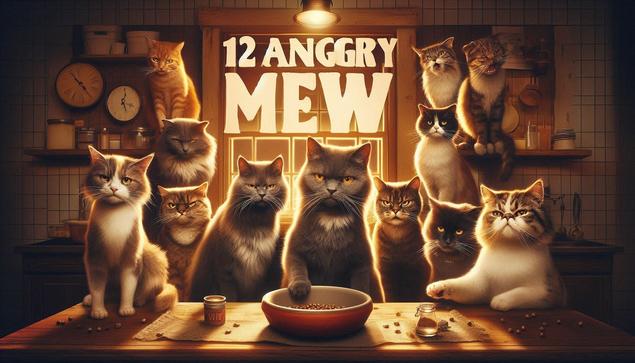 ③«Generated by MicrosoftDesigner»
(A humorous poster for "12 Angry Mew," a parody of "12 Angry Men.") The image features 12 expressive cats of various breeds in a rustic kitchen. Each cat displays a unique personality: one holds up a paw passionately, another looks skeptical. A few stare impatiently at an empty food bowl, while others appear deep in thought. The lighting in the room is warm, enhancing the rustic charm. The words "12 Angry Mew" appear large and playful at the top, adding to the whimsical theme.