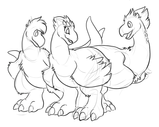 Post transformation sketch of Cyrill, Verenix, and Jack into Seikrets from Monster Hunter Wilds.