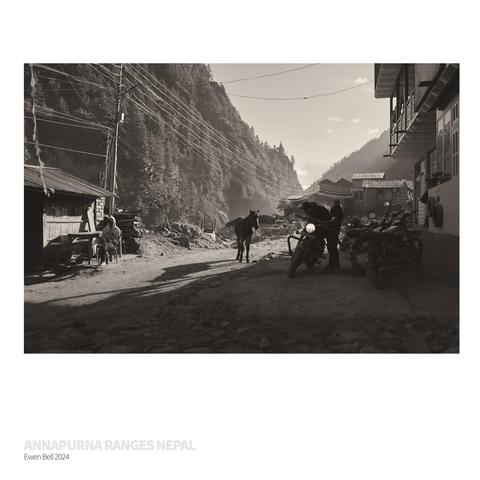 Morning light in Chame and a horse heads into town for its chaff bag .