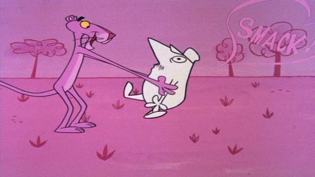 The pink panther grabbing the guy he's always against in a fully pink landscape