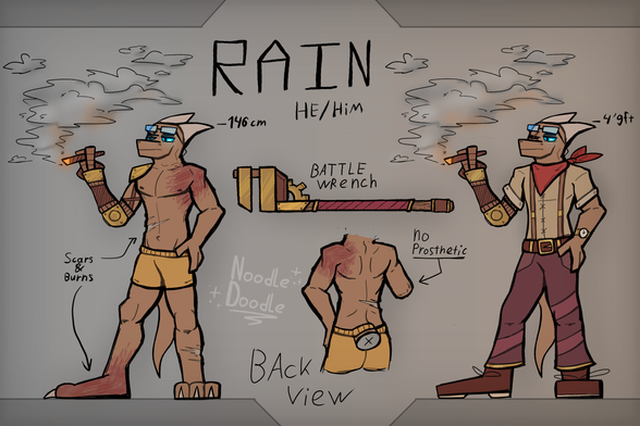 A drawn reference sheet of a lizard person named Rain (He/him). He's 146 cm tall (4'9ft). He's depicted smoking with 2 versions, clothed and mostly nude (sfw).  He has gloom brown scales, and is covered in burns and scars, and is missing his right arm. He uses a prosthetic instead. His eyes glow blue, and he wears glasses, and he also has horns!