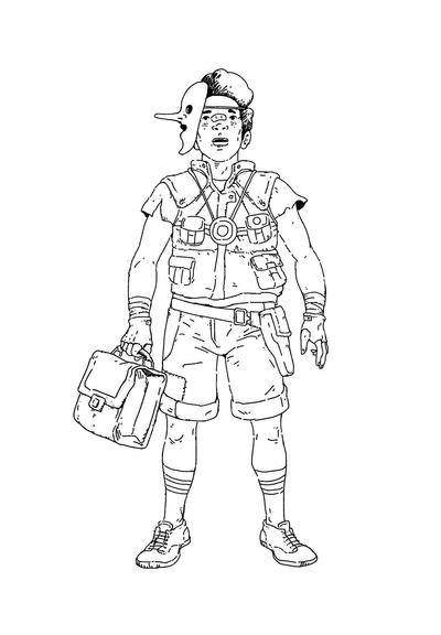 Line drawing of a wasteland explorer