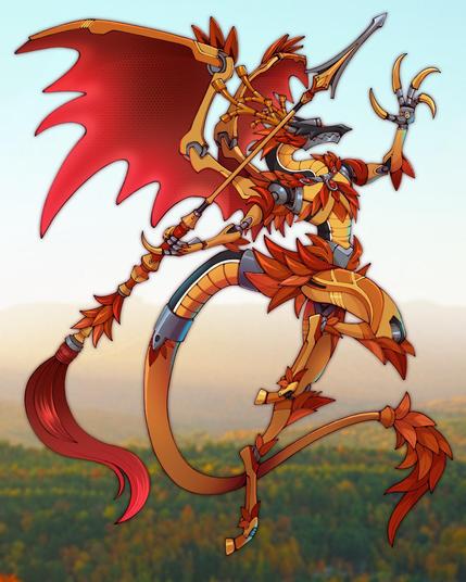 A fall-themed robot dragon preparing to throw a spear. Leaves decorate their body