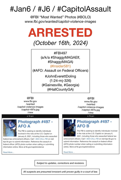 FBI wanted photos of now-arrested January 6th riot suspect known to Sedition Hunters as “Shaggy MAGA Elf” (FBI Photo Number Four Hundred Ninety-Seven). Subject to updates, corrections, and revisions. All suspects are presumed innocent until proven guilty in a court of law.
