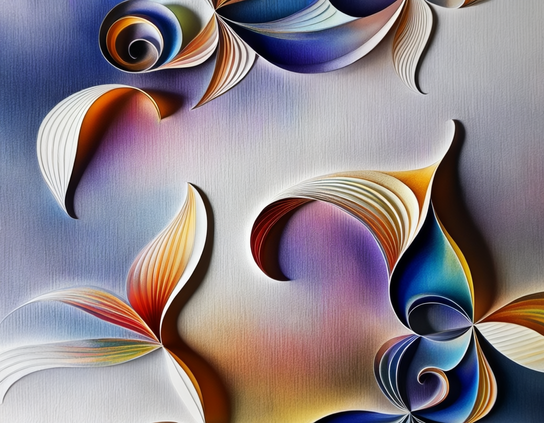 Abstract curls of paper-like material, in gradient colors applied airbrush style, on a background that has been airbrushed over before.