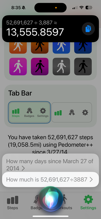 Screenshot of Pedometer++ Settings page overlaid by voice commands for Siri to do the math fir me.