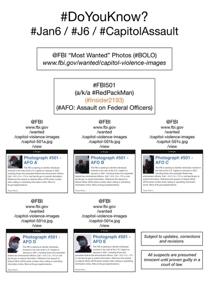 FBI wanted photos of January 6th riot suspect known to Sedition Hunters as “Red Pack Man” (FBI Photo Number Five Hundred One). Subject to updates, corrections, and revisions. All suspects are presumed innocent until proven guilty in a court of law.