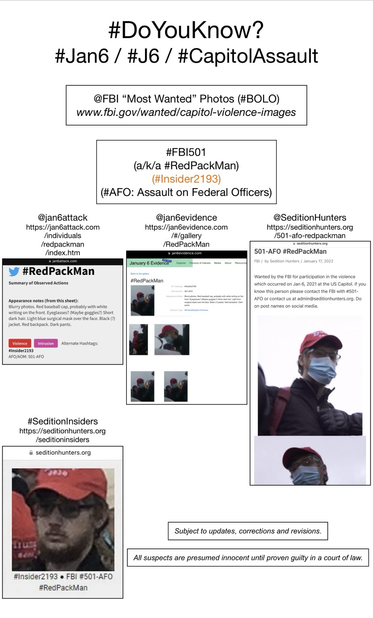 Photos of January 6th riot suspect known to Sedition Hunters as “Red Pack Man” (FBI Photo Number Five Hundred One). Subject to updates, corrections, and revisions. All suspects are presumed innocent until proven guilty in a court of law.