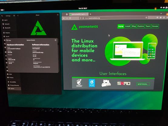 the yoga slim 7 running GNOME showing the postmarketOS website and the device information in GNOME settings