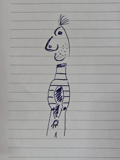 A doodle of a figure on a lined paper pad. The figure seems to be unshaved and wears a striped top, has strong facial features and muscular arms. I cannot confirm that a person fitting this description attended the meeting.