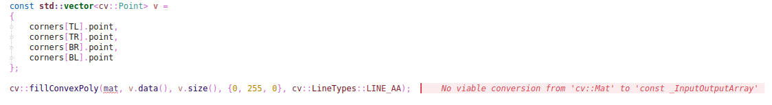 Red error text inserted into a source code editor window which says:  "No visible conversion from 'cv::Mat' to 'const _InputOutputArray'