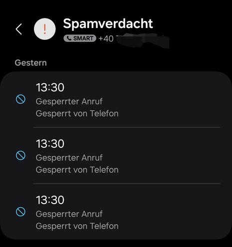 Drei, augenscheinlich automatisierte, direkt abgefange, Spamanrufe aus Rumänien, hier im Anrufprotokoll zu sehen. (Nummer unkenntlich gemacht)