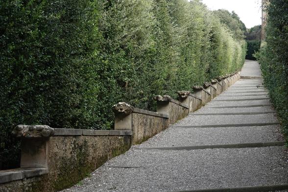 A series of cascading water features running down the side of the steps. The features are decorated with the heads of animals, through which water runs and falls on the feature below.