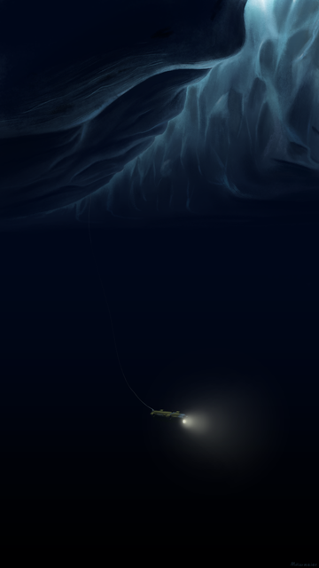 digital drawing of a remote submarine decending from a crack in the icy crust into the subsurface ocean on the jupiter moon europa
