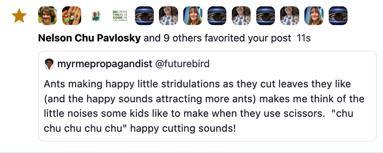 Screenshot of one of my posts in "/notifications" on the web version of Mastodon v4.3.1 the icons of the people who favorited the post repeat showing the same person several times. 

Nelson Chu Pavlosky and 9 others favorited your post
21s

myrmepropagandist @futurebird
Ants making happy little stridulations as they cut leaves they like (and the happy sounds attracting more ants) makes me think of the little noises some kids like to make when they use scissors.  "chu chu chu chu chu" happy cutting sounds!