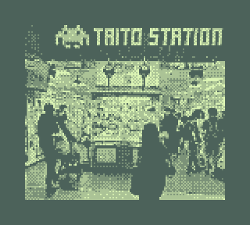 A 2-bit photo of the entrance of Taito Station, in 4 shades of green. Several people can be seen in front of the place, and their logo is clearly visible at the top of the frame. Two UFO catcher machines can be seen just past the entrance.