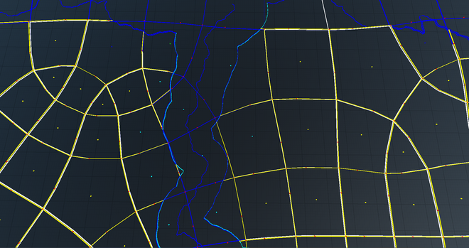 A schematic of a city's road network and water table in wireframe, rendered in Godot.