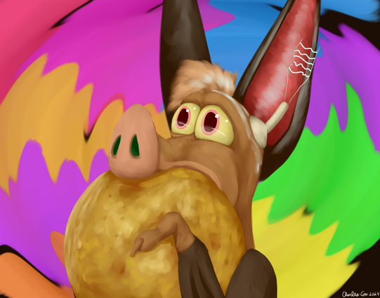 A portrait of batty koda from fern gully.  He is facing forward and to the left holding a large realistic fig.  He is taking a big bite into the fig, and his eyes stare ahead of him.  Pupils dilated and his electrode arcing.  The background is a swirl of different bright colors as batty is assalted by the intensity of the fruit.