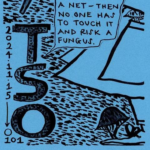 A square of the front cover of an illustrated comic/zine, that features detective Tso’s coat, and mushrooms growing out of pockets and shoes.